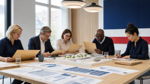 A transparent public procurement team evaluating tender documents in Denmark